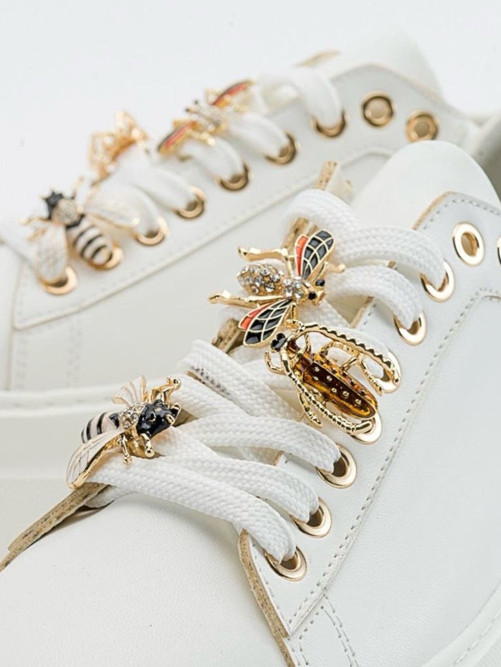 White and Gold Women's Platform Sneakers with Bee Detail
